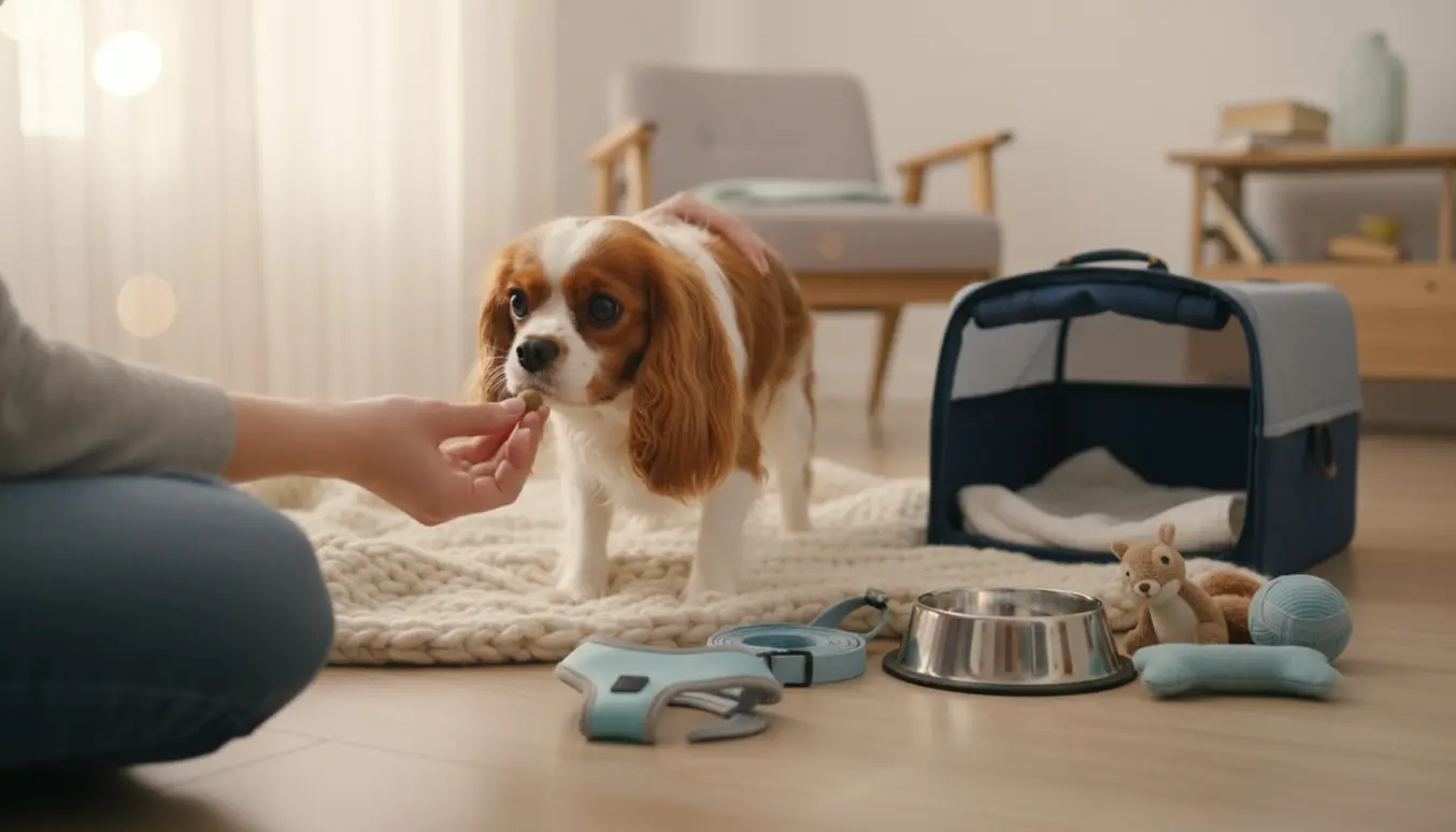En nervøs King Charles-spaniel sidder trygt på et blødt tæppe, mens en pasningsperson stille tilbyder en godbid.