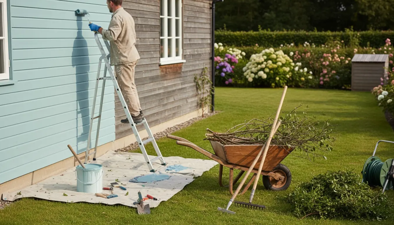 Udvendig maling af et hus med stige, malerspand og haveredskaber i forgrunden, mens haven er ryddet og klippet.