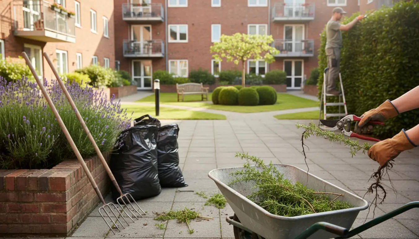 Handsker og beskærersakse i fokus, mens haveredskaber luger og beskærer en fælles gårdhave ved en boligforening.
