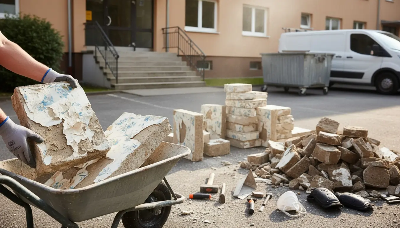 Udskårne gasbetonblokke og betongulvsstykker med fliser læsses i en trillebør foran en ejendom.