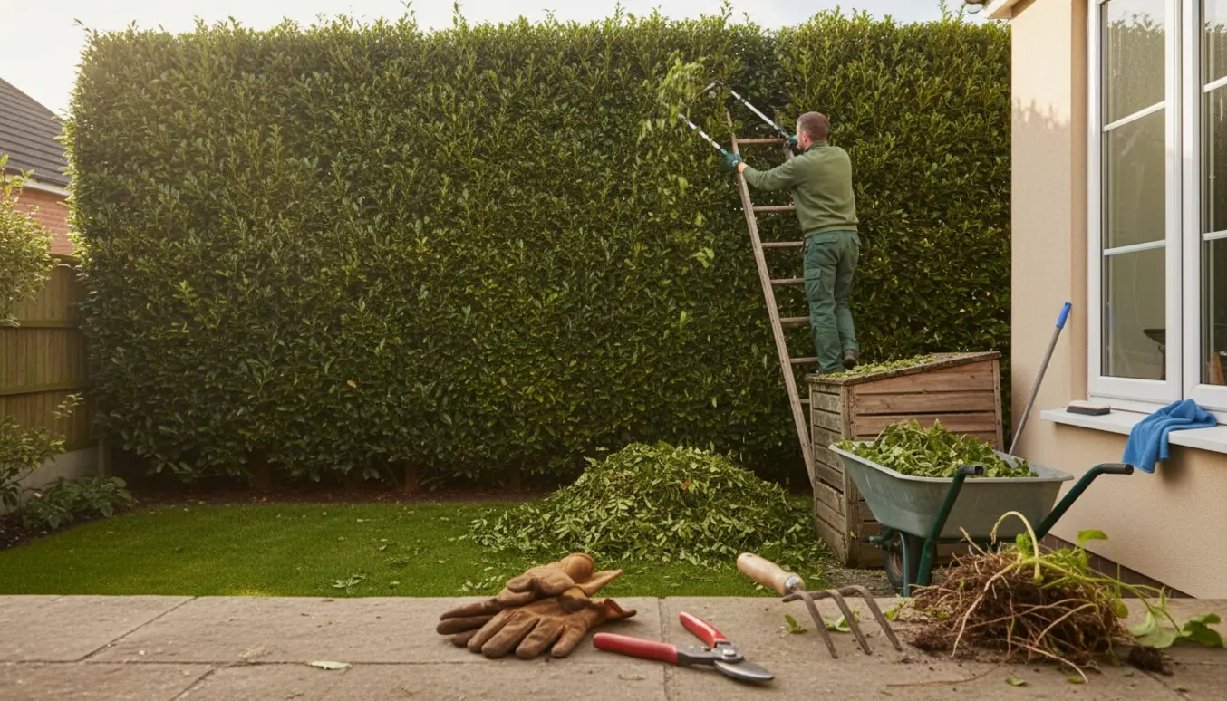 Person klipper en høj hæk fra en stige med afklip ved kompost og redskaber til ukrudtslugning i forgrunden.