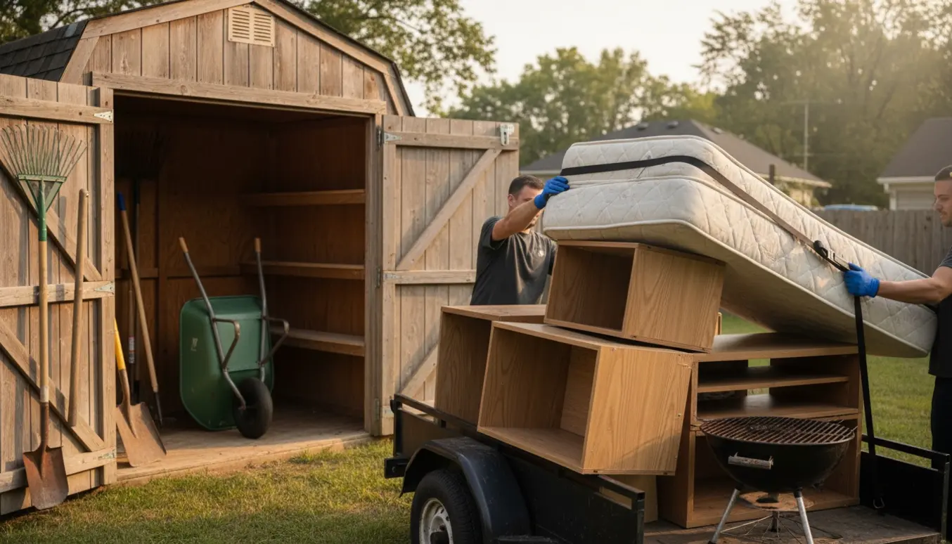 Åben havebod og trailer med madras, reoler og en gammel grill klar til bortskaffelse, haveredskaber tilbage i boden.