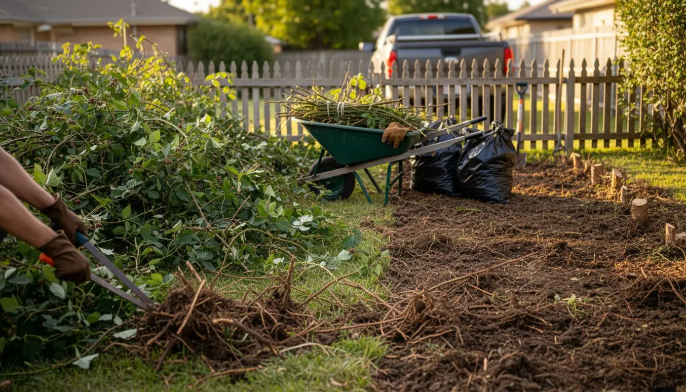 Partvis ryddet smal baghave med skårne brombær, trillebør og fyldte affaldssække.