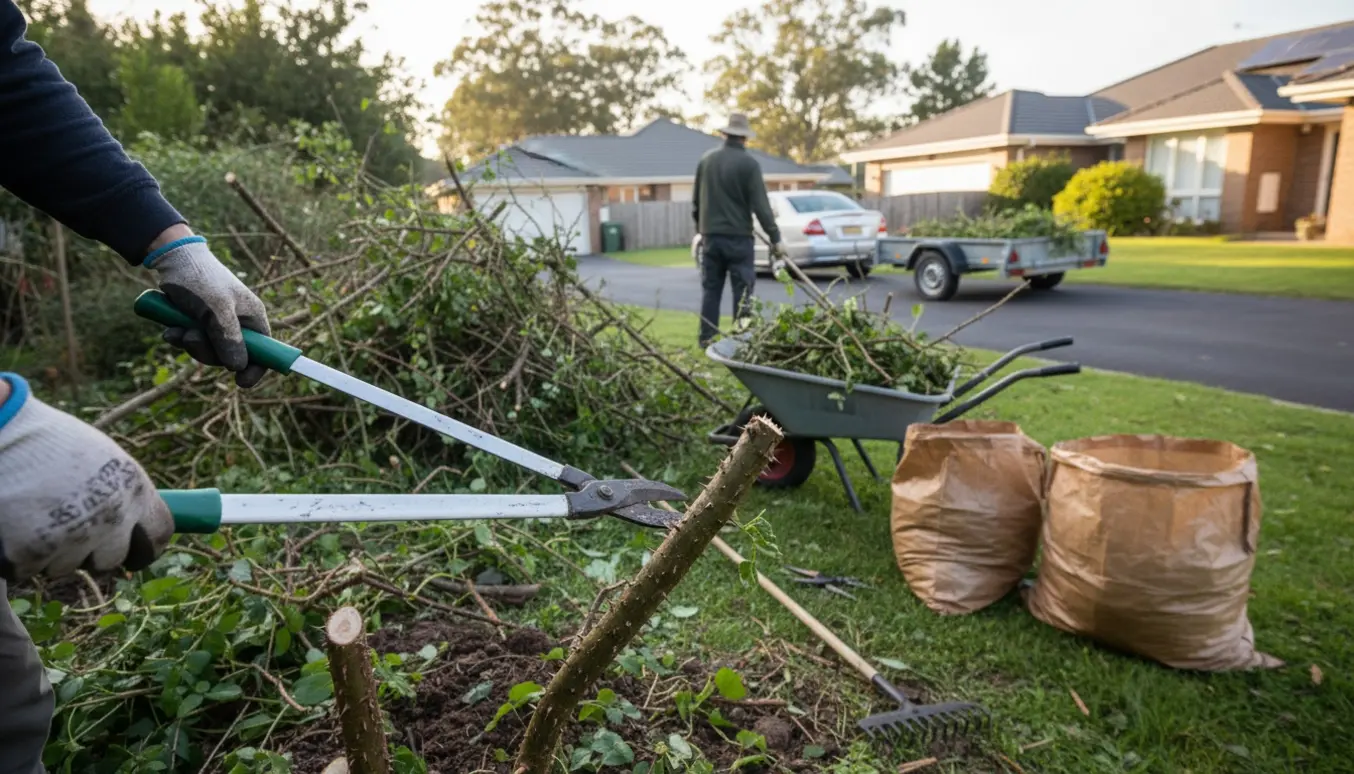 Lille havelod på ca. 8–10 m² under oprydning med beskårne brombærbuske, bunker af grene og en trillebør med haveaffald.