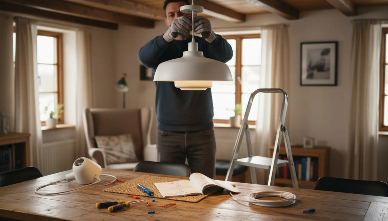 Elektriker på en lille trappestige forbinder ledninger til en moderne hvid pendellampe over et spisebord.