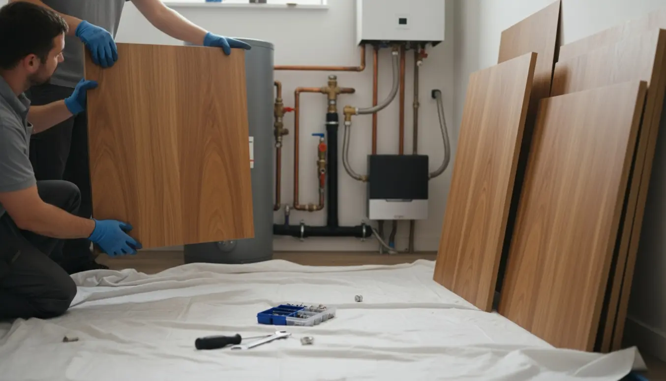 Håndværkere tager nænsomt et skab ned i et teknikrum, så vandvarmer og naturgasfyr bliver synlige.