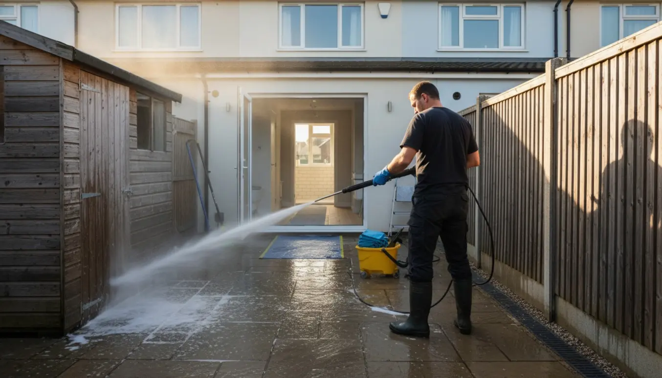 Højttryksrensning af fliser og hegn ved et to‑etagers rækkehus med åben bagdør og rengøringsudstyr synligt indendørs.