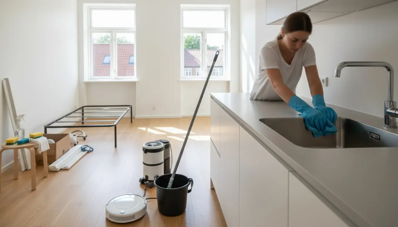 Solbeskinnet, nyrenoveret lejlighed i Aalborg under fraflytningsrengøring med rengøringsudstyr og hænder i arbejde.
