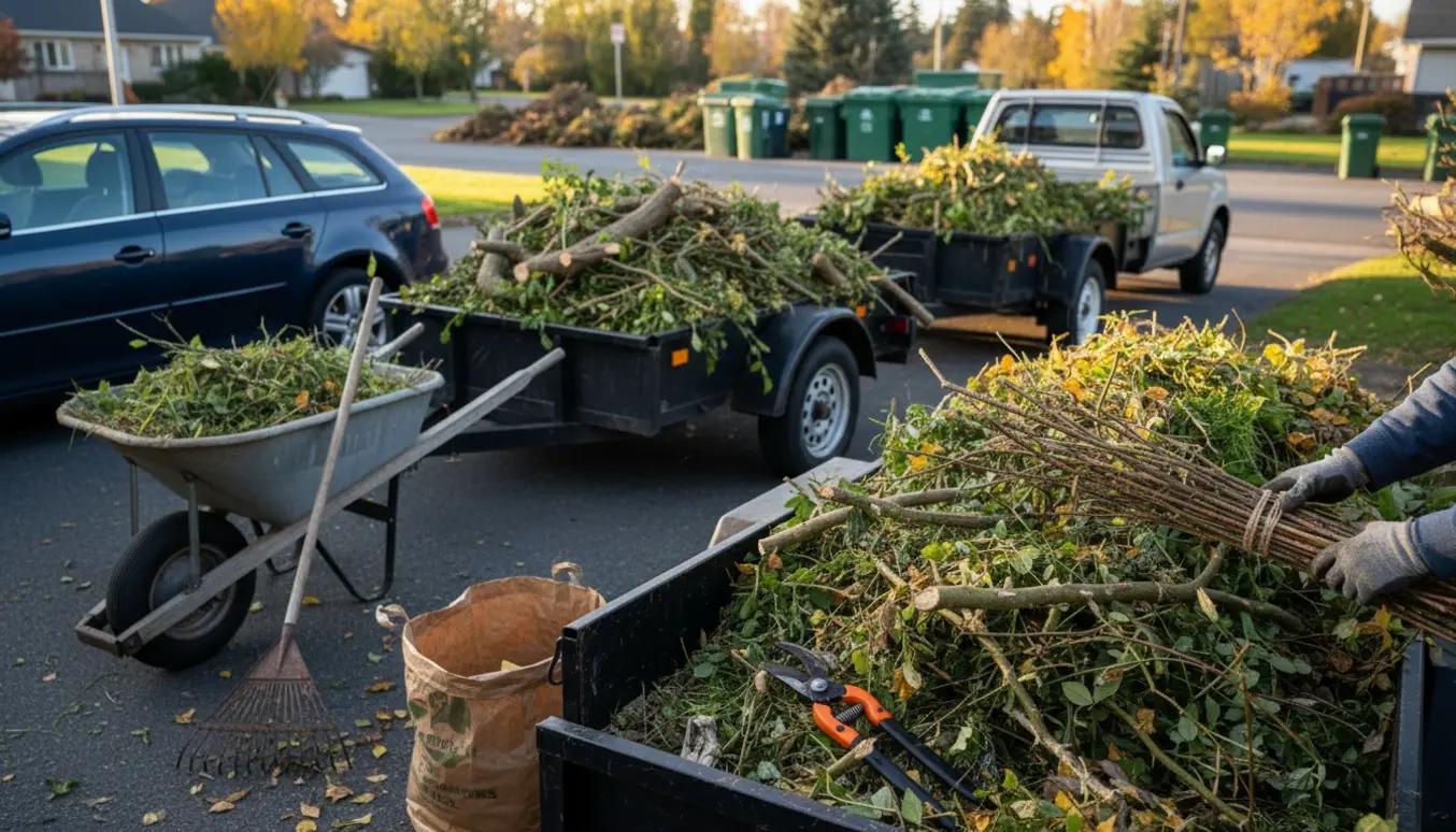 Flere trailere fyldt med haveaffald ved indkørsel, handsker og grensakse i forgrunden.