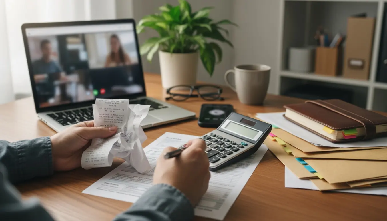 Hænder organiserer regnskabsbilag ved en bærbar med sløret videosamtale om online regnskabshjælp.