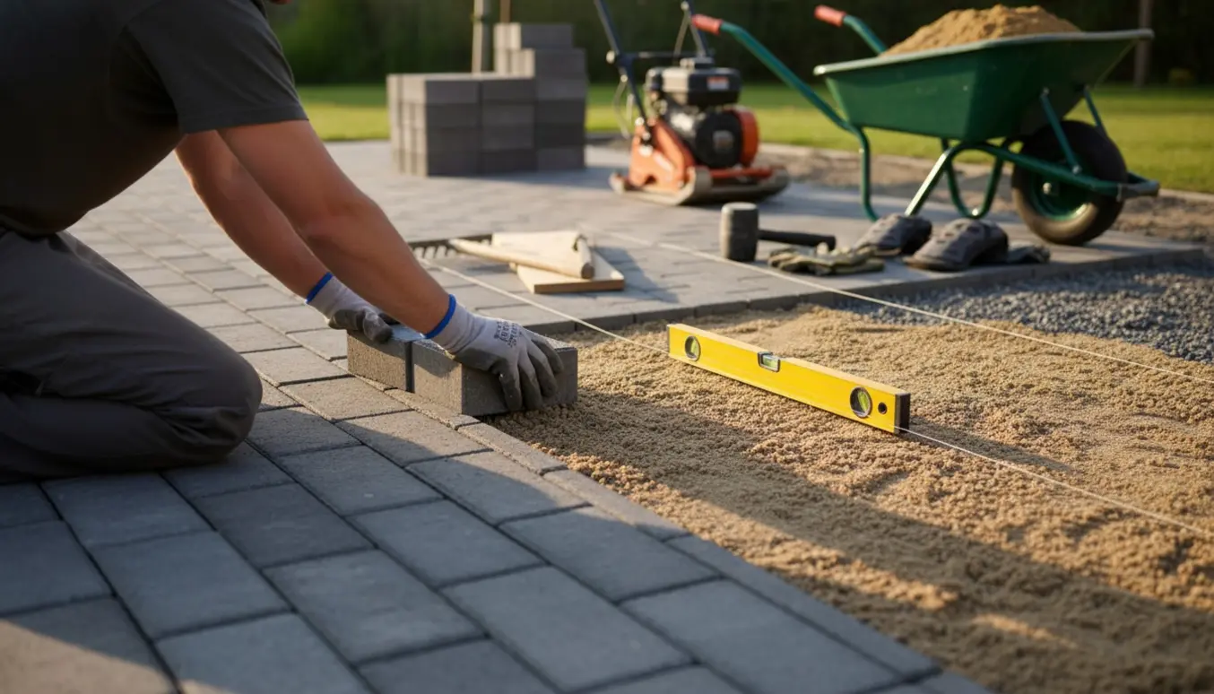 Baggård med fliselægning i gang, hvor en hånd placerer en flise på et jævnet sandlag.