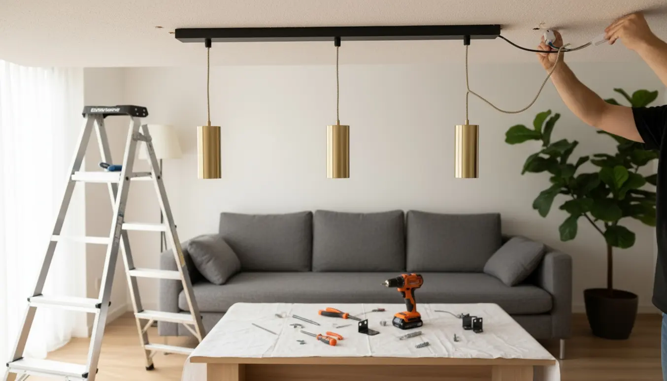 Tre lamper på en skinne hænges op over en sofa med borehuller i loftet og synlige ledninger.