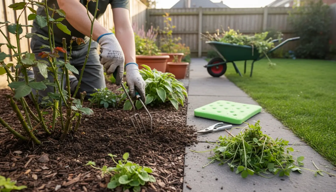 Person luger og rydder en kompakt baghave med stauder og roser, værktøj og trillebør i blødt morgenlys.