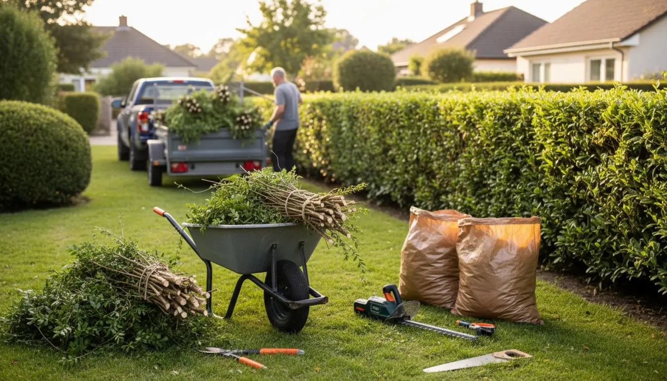 En havearbejder bagfra læsser nyskårne hækgrene i en trillebør og trailer klar til bortkørsel.