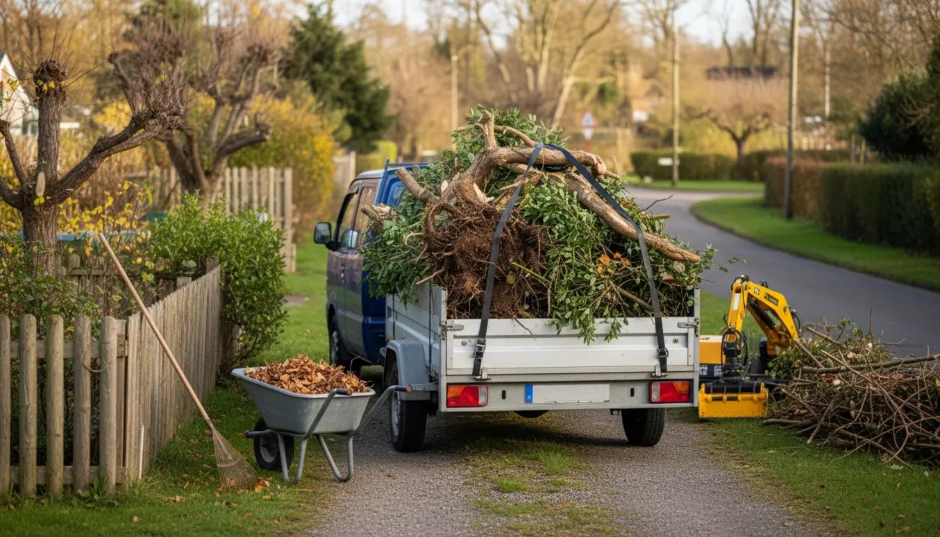 Trailer fyldt med grene, rødder og blade i indkørslen, klar til afhentning af haveaffald.
