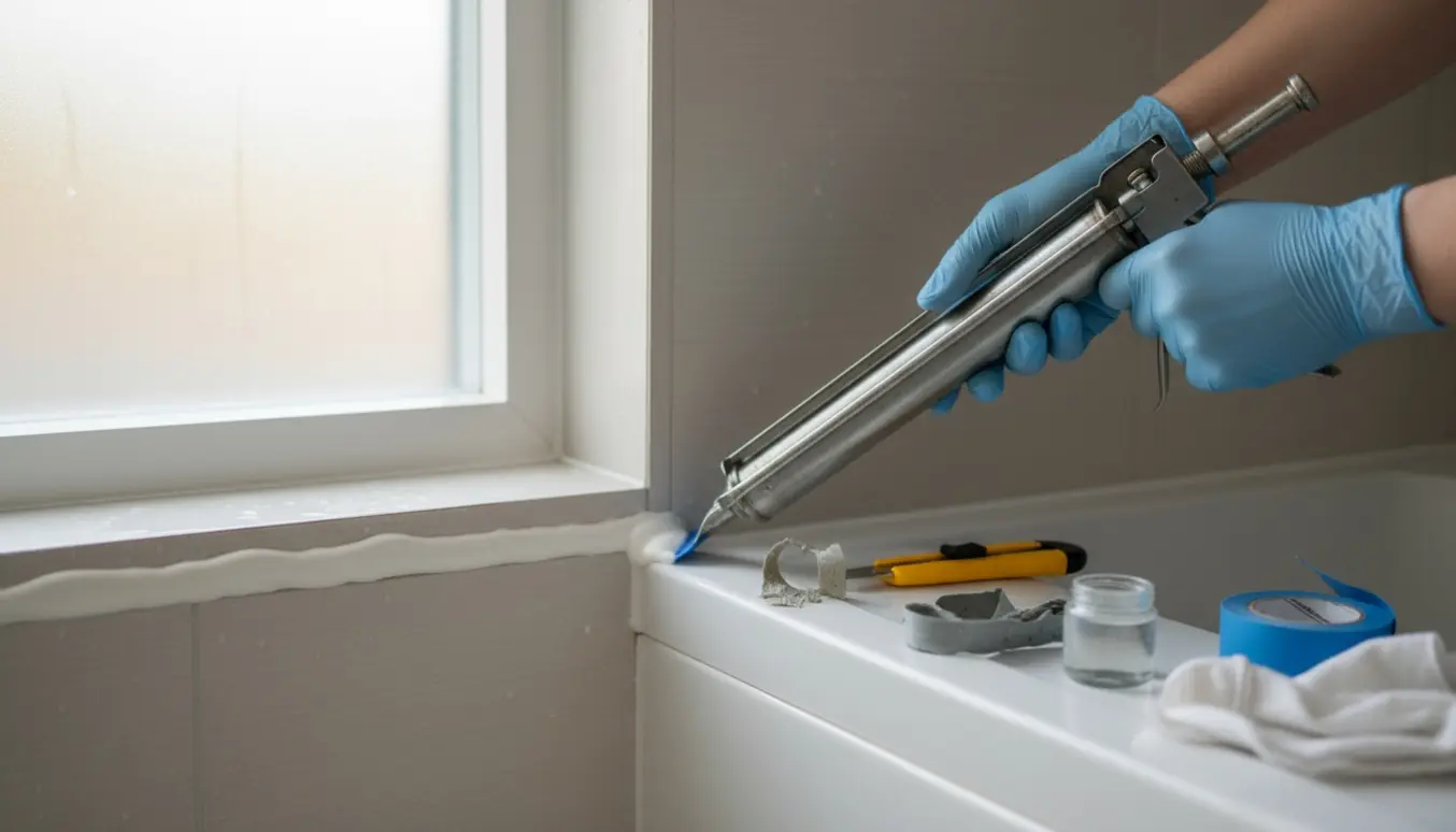 Nærbillede af hænder i nitrilhandsker, der udskifter fuge i et brusehjørne med vinyl, med fugepistol og værktøj.