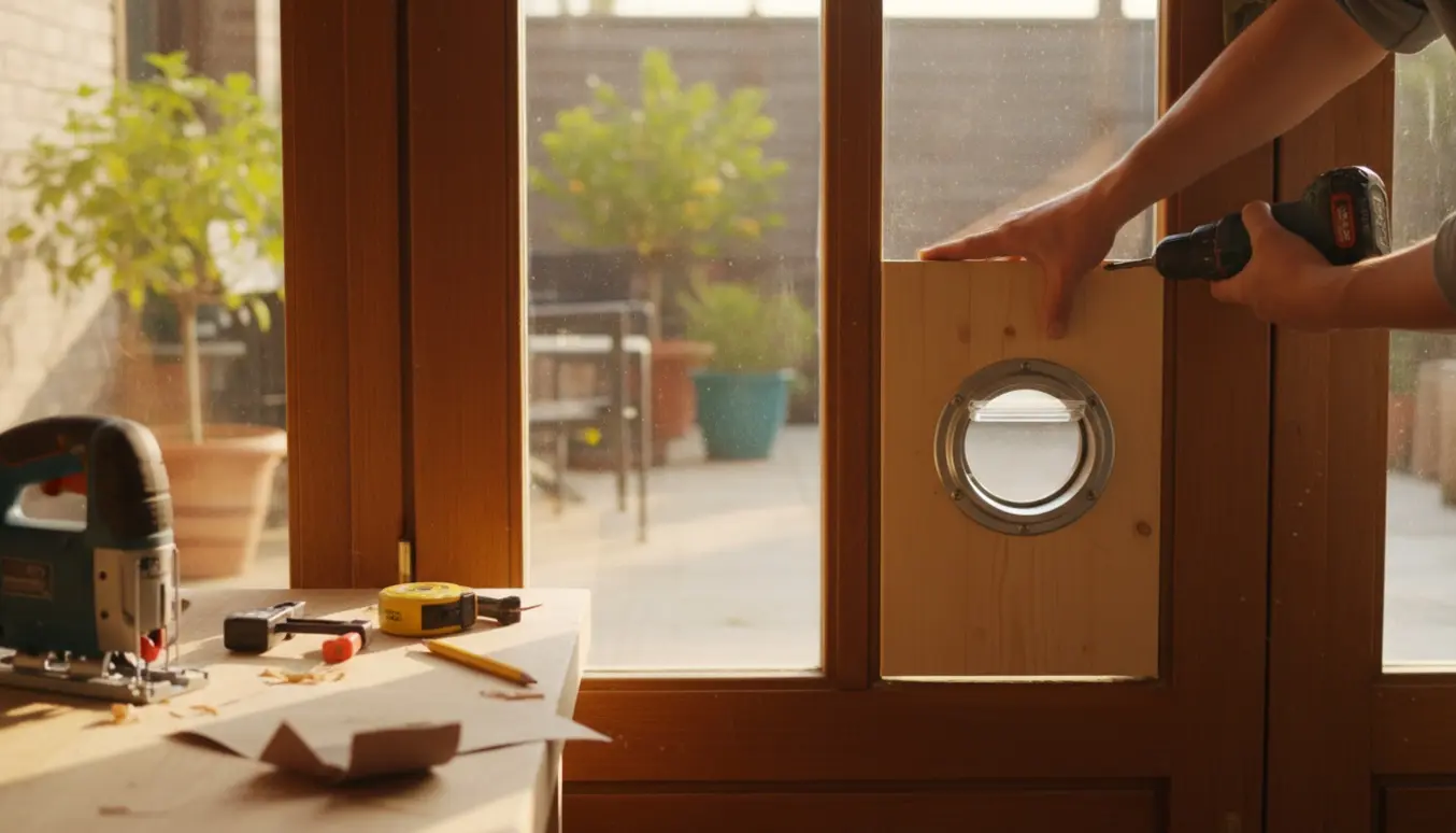 Hænder monterer en kattelem i en trædør, hvor den nederste rude er fjernet og udskiftes med en træplade.