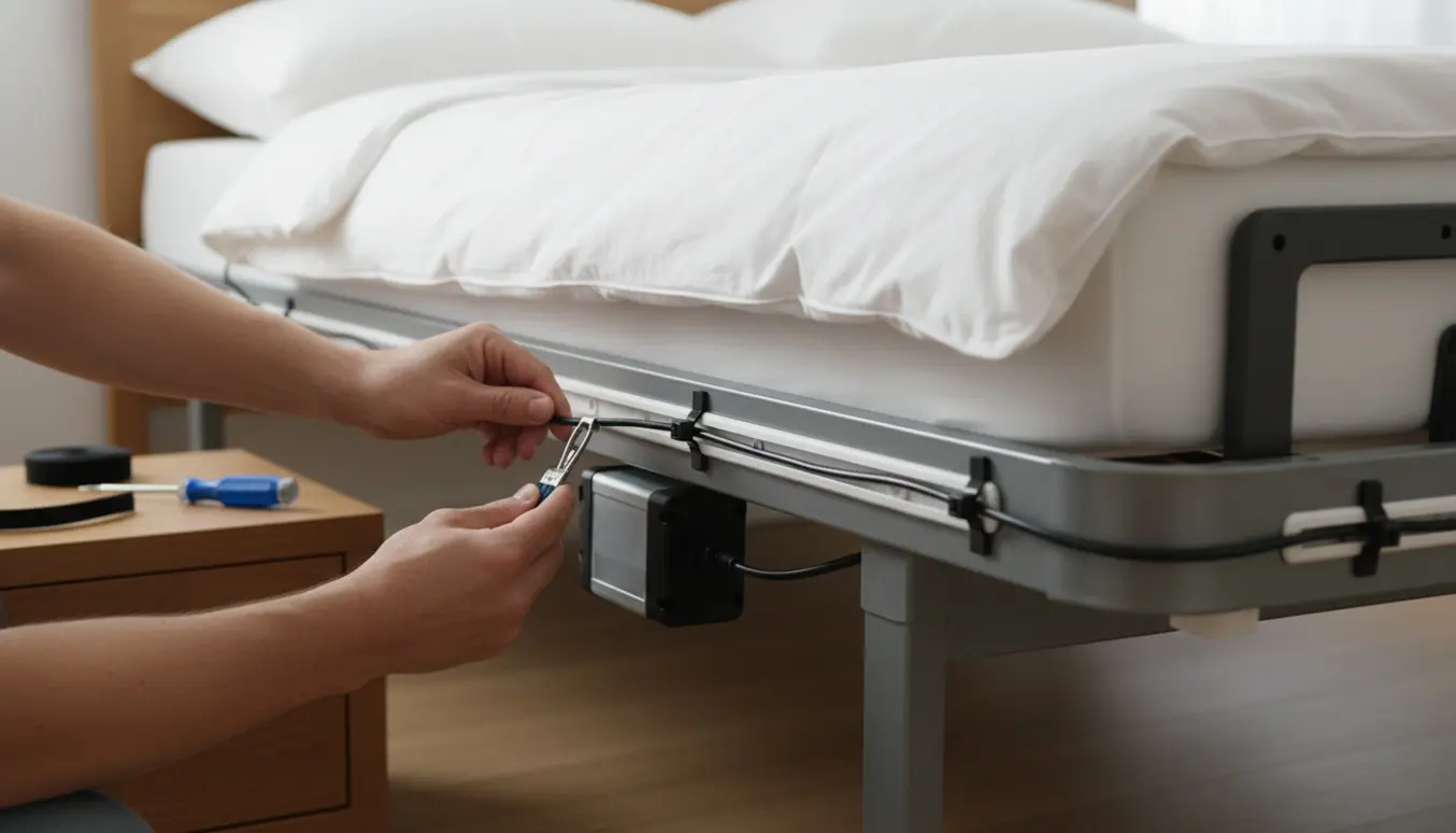 Nærbillede af hænder, der fastgør en ledning under rammen på en elevationsseng med kabelclips og strips.