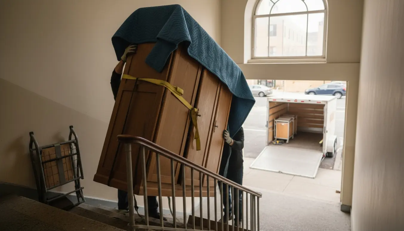 To personer bærer et stort skab ned ad en trappe mod en trailer på gaden, ansigter ikke synlige.