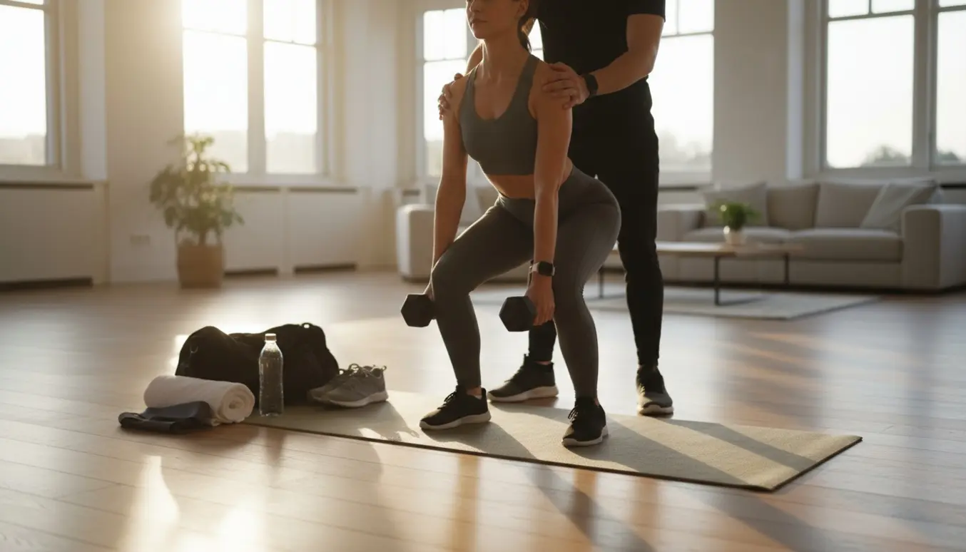 Personlig træner retter en klient i et hjemme-træningsrum i det sene eftermiddagslys.