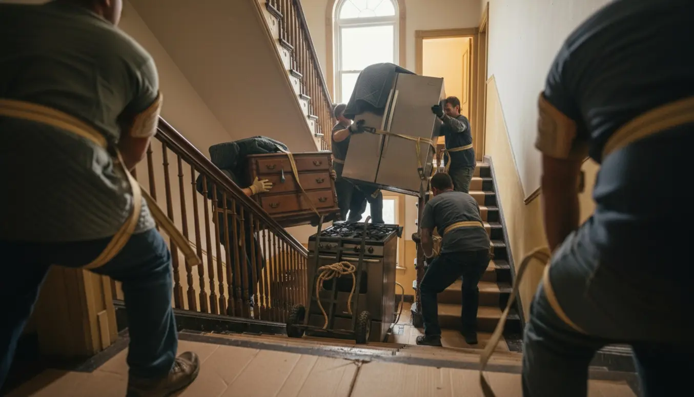 Flyttefolk bærer et køleskab, et gaskomfur og en kommode op og ned ad en trappe i en bygning uden elevator.