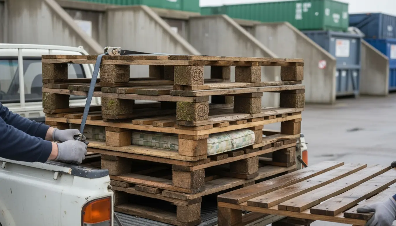 En pickup med seks våde, brugte eu-paller ved en genbrugsstation, hænder i handsker spænder en strop.