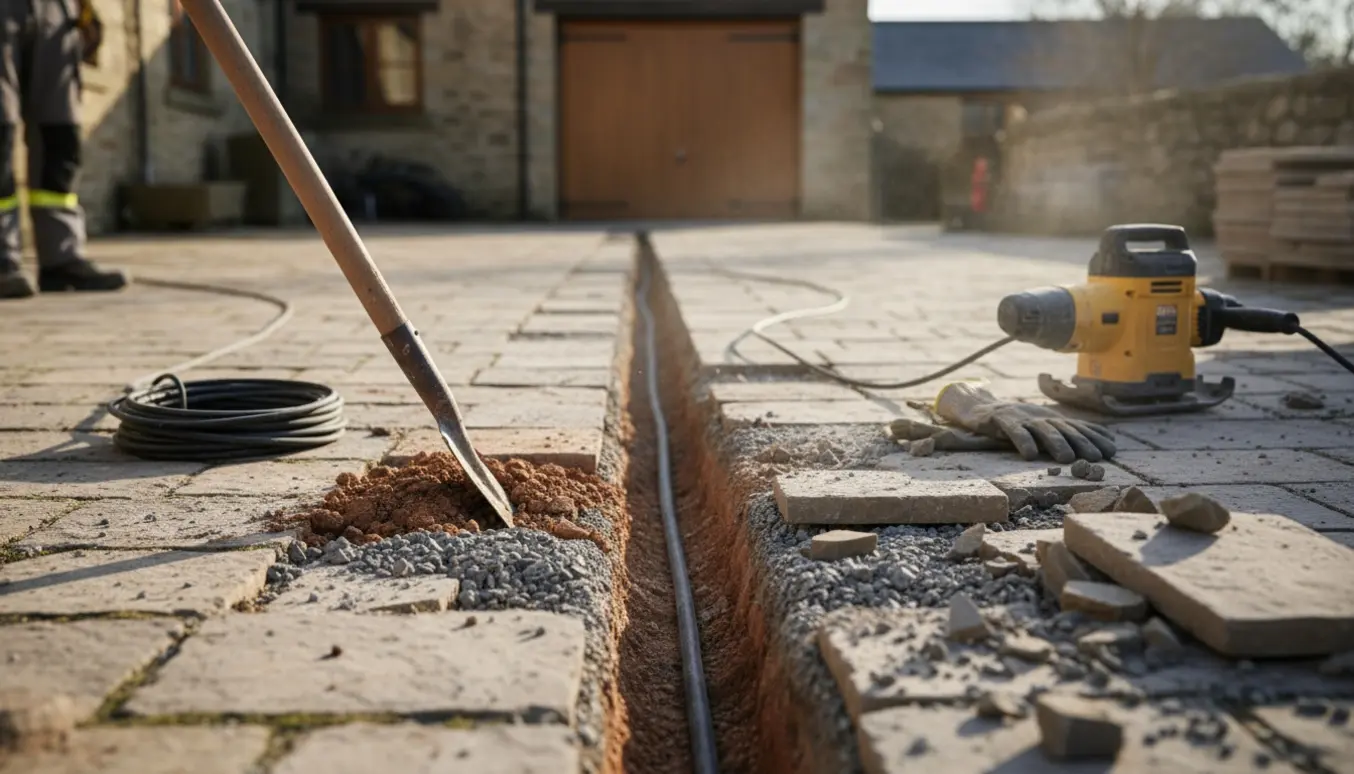 Smal opgravet rende gennem en stenbelagt gårdsplads med elkabel lagt i bunden og værktøj ved siden af.