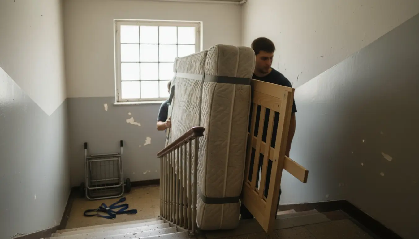 To flyttemænd bærer en 160 cm seng op ad en smal trappe med flyttetæpper og stropper, ansigter utydelige.