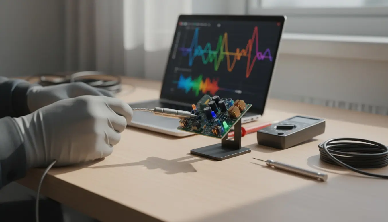 Nærbillede af hænder, der tilslutter diagnostisk kabel til et åbent computersystem på et ryddeligt arbejdsbord.