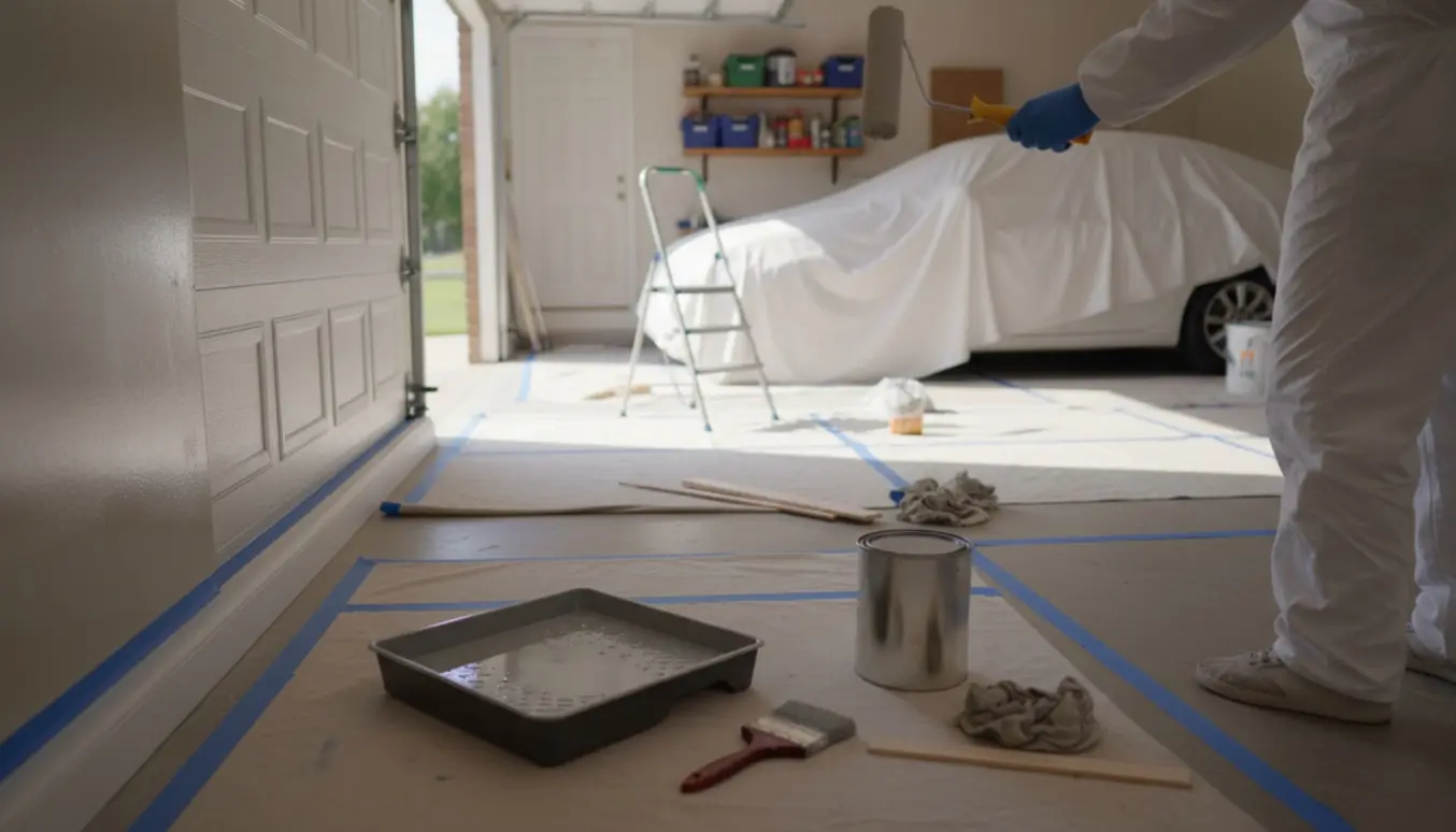 En person maler en garagevæg med rulle, omgivet af malerbøtter, afdækning og værktøj.