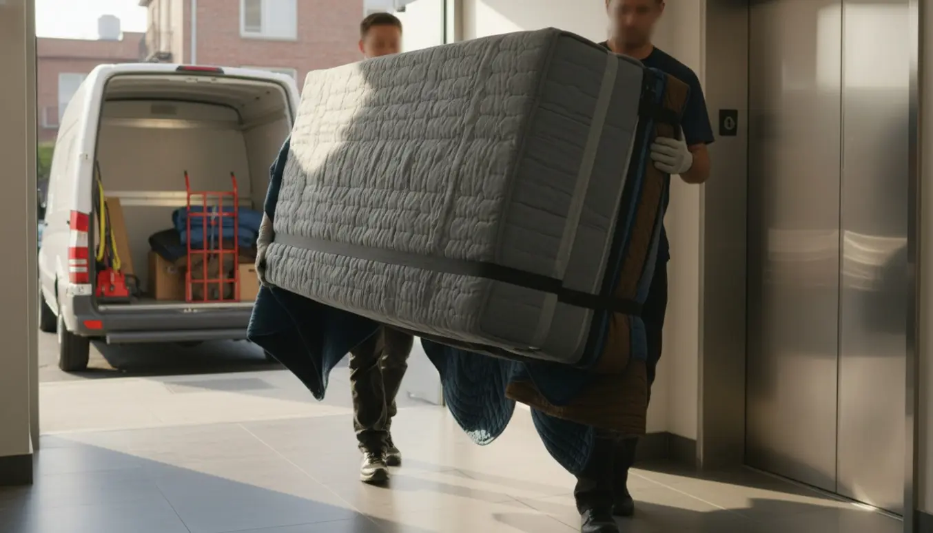 Flyttefolk bærer en indpakket boxmadras fra en varevogn ind mod en åben elevator i en lys opgang.