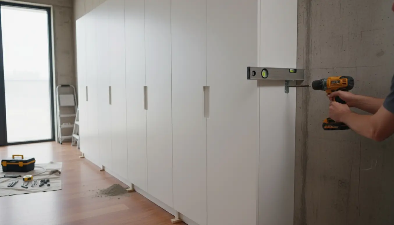 Fem samlede PAX-garderobeskabe fastskruet i en betonvæg med et vaterpas til at sikre lod.