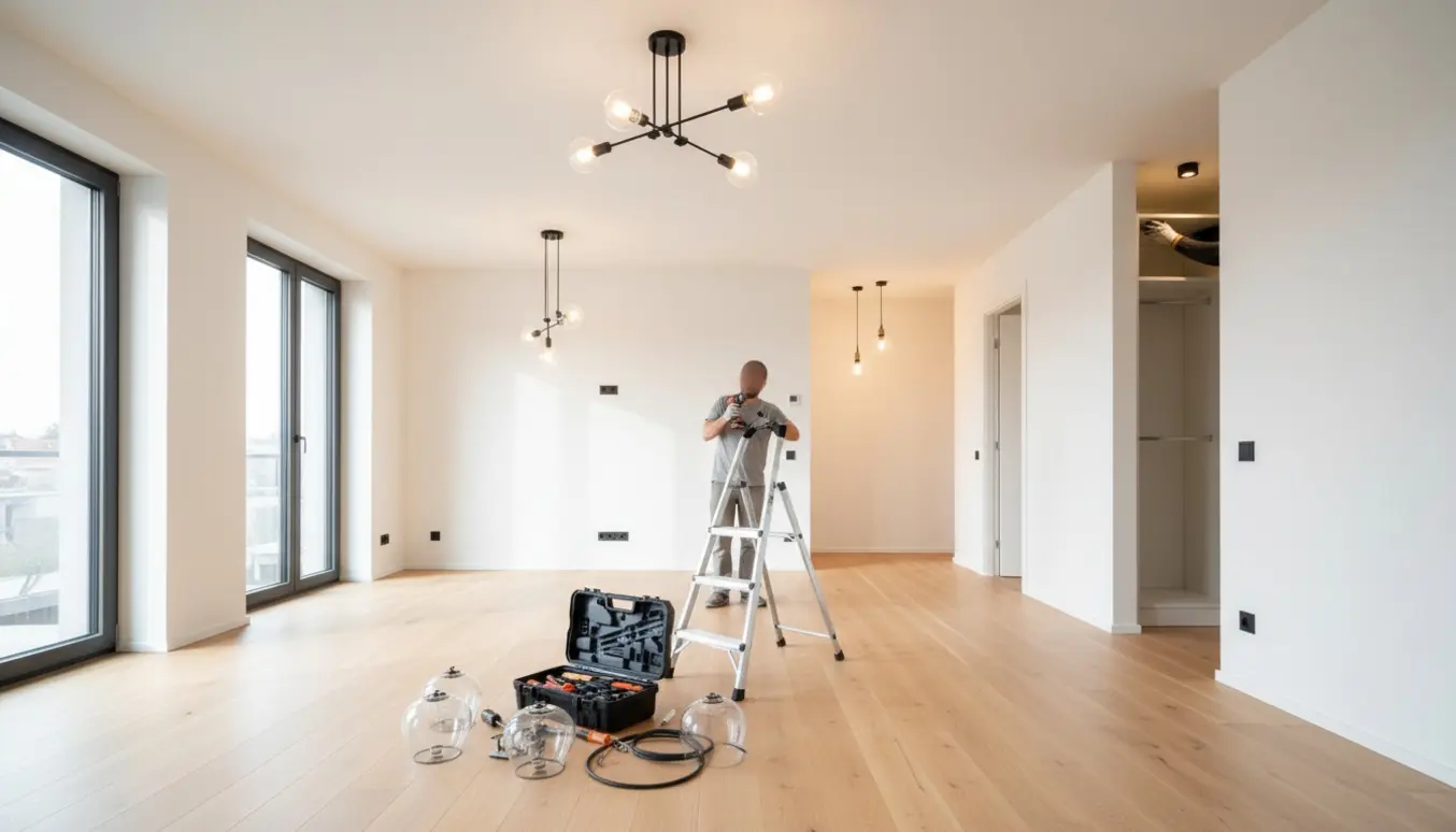 Montage af flere loftslamper i en moderne lejlighed med stige, værktøj og installerede lamper.