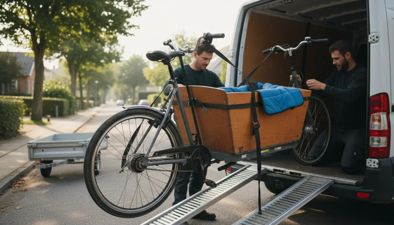 En ladcykel læsses ind i en åben kassevogn og sikres med stropper på en rampe.