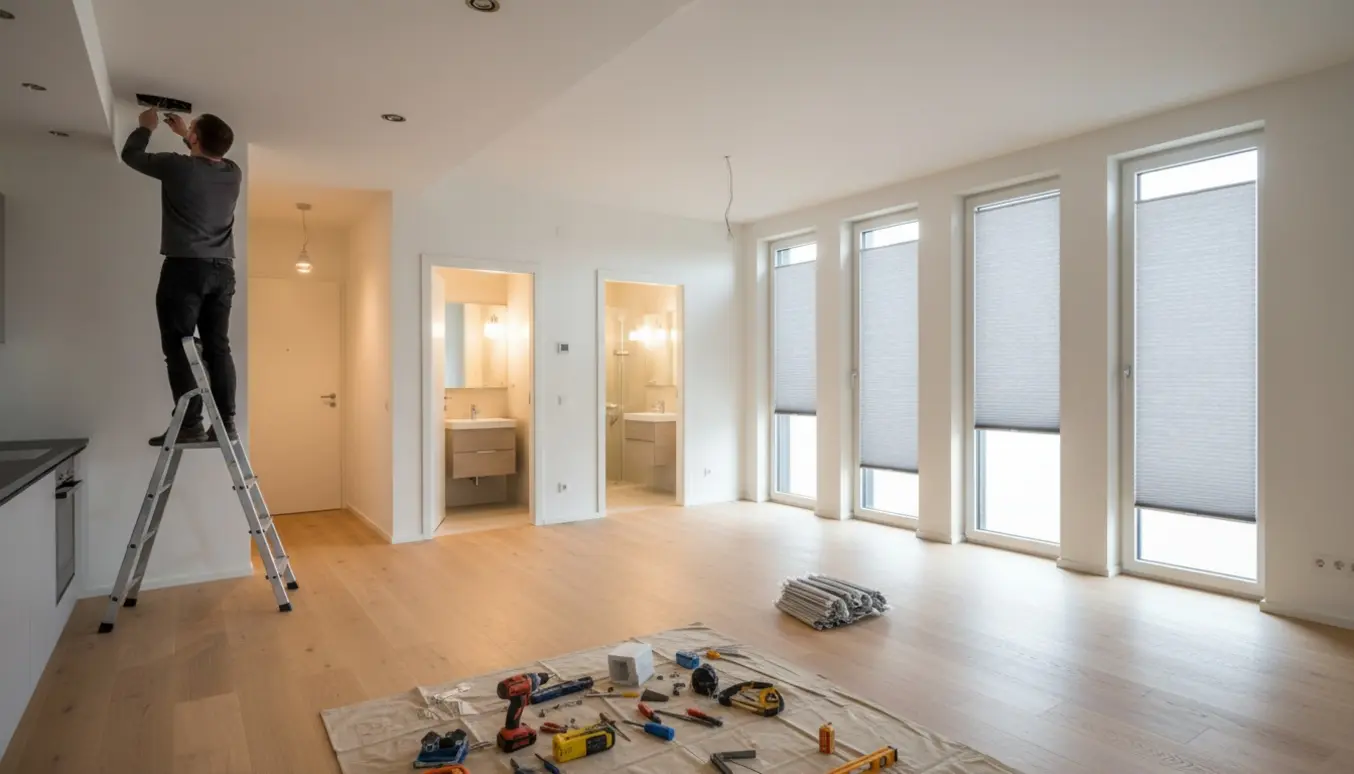 Installatør på stige monterer indbygningsspots i et moderne køkken mens seks gulv-til-loft plisségardiner er delvist opsatte ved store vinduer.