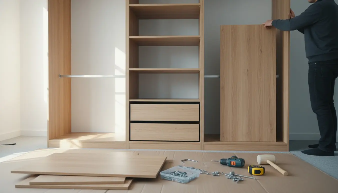 To personer samler en høj modul-garderobe i et lyst soveværelse, kun hænder er synlige.