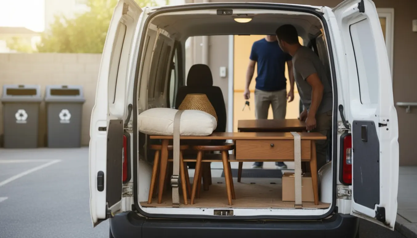 Varebil læsses med et lille sofabord, to skamler og løse effekter uden for en stueetagelejlighed på et plejehjem.