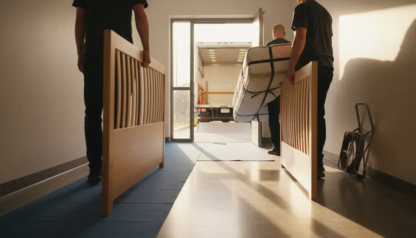 To personer bærer en delvist adskilt lille dobbeltseng gennem opgangen mod elevatoren i varm eftermiddagssol.