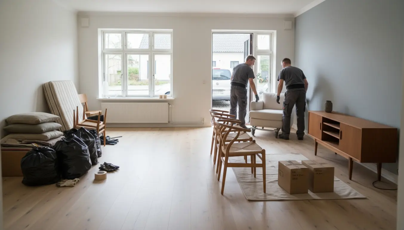 Indvendigt stueplans rækkehus under rydning af dødsbo med møbler sorteret til salg og til losseplads.