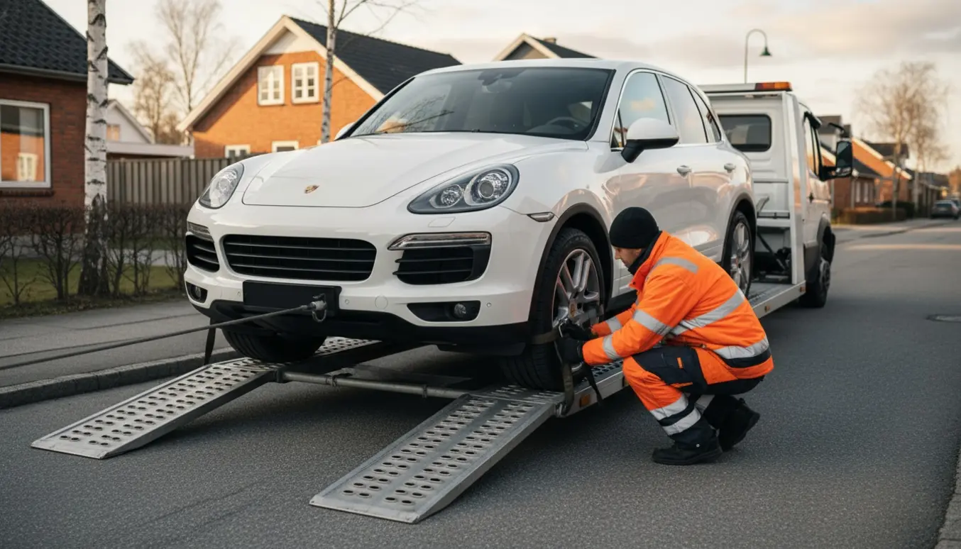 En hvid Porsche Cayenne sikres på en fladvogn i et roligt nordisk forstadsområde ved gyldent lys.