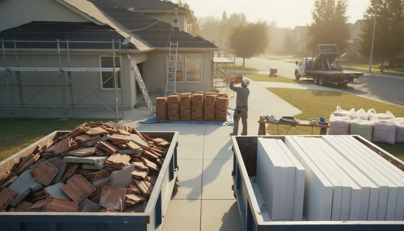 Containere og sække med tegl, gipsplader og isolering ved et hus under tagrenovering.