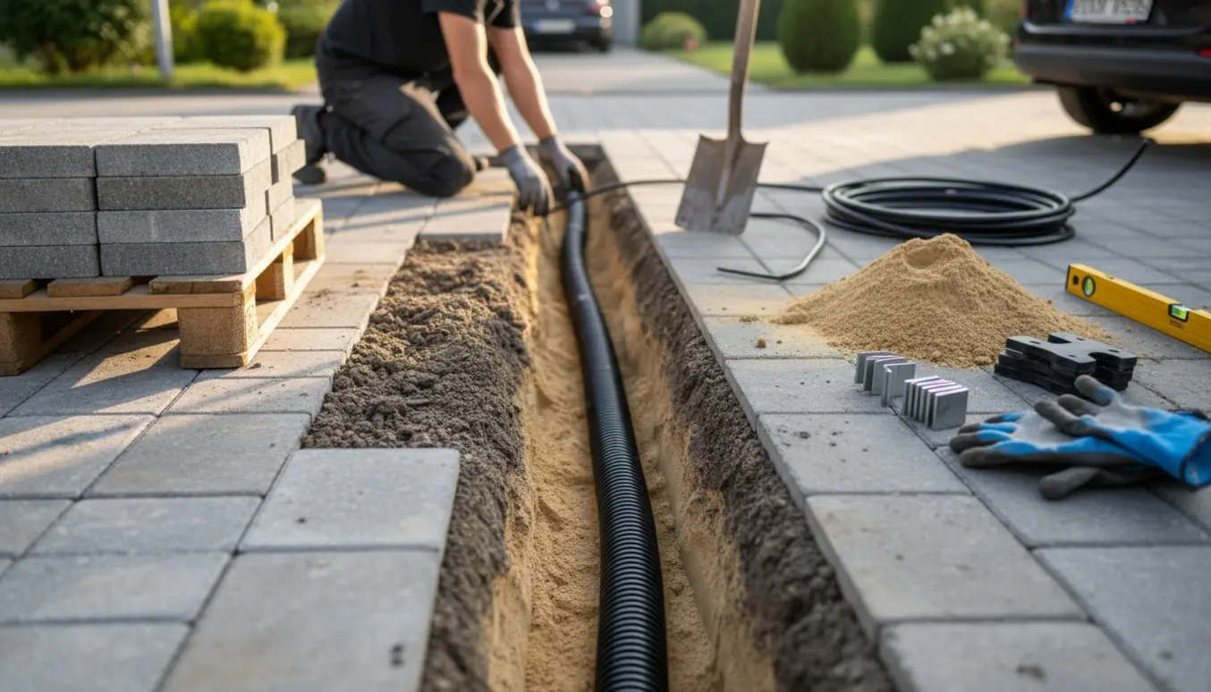 Rende i flisebelagt indkørsel med ladekabel i beskyttelsesrør og fliser stablet ved siden af.