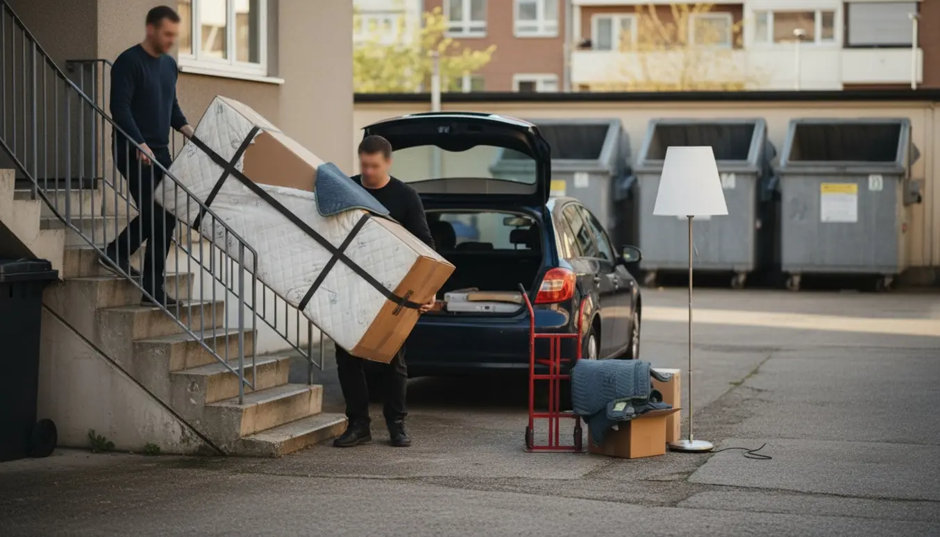 To personer bærer en boxmadras ned ad trappe og læsser den ind i en åben hatchback ved en genbrugsstation.