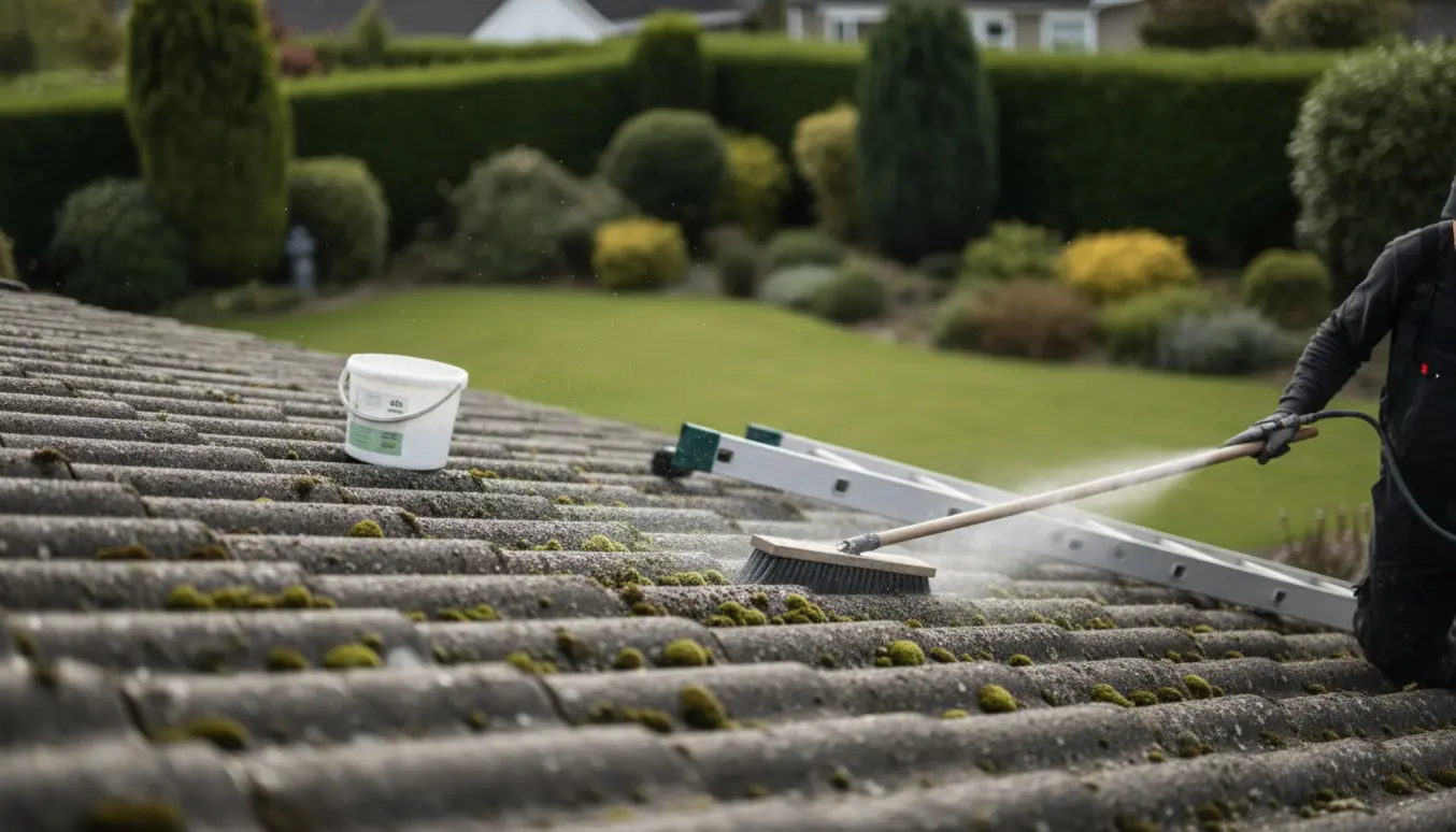 Nærbillede af blød børste og lavtryksslange, der fjerner mos fra et vejrbidt asbesttag.
