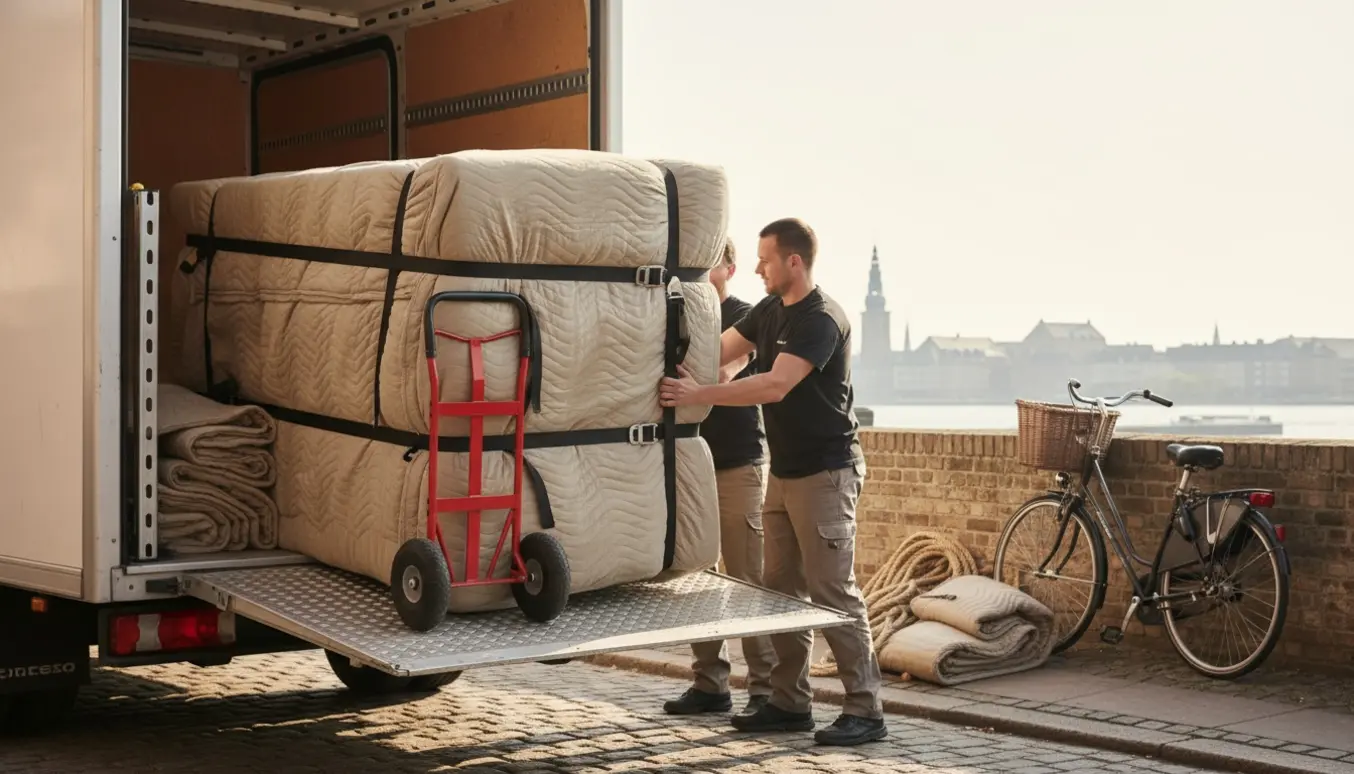 Stor 160x200 madras pakket ind og læsset på en flyttevogn på en solrig vej på vej mod København.