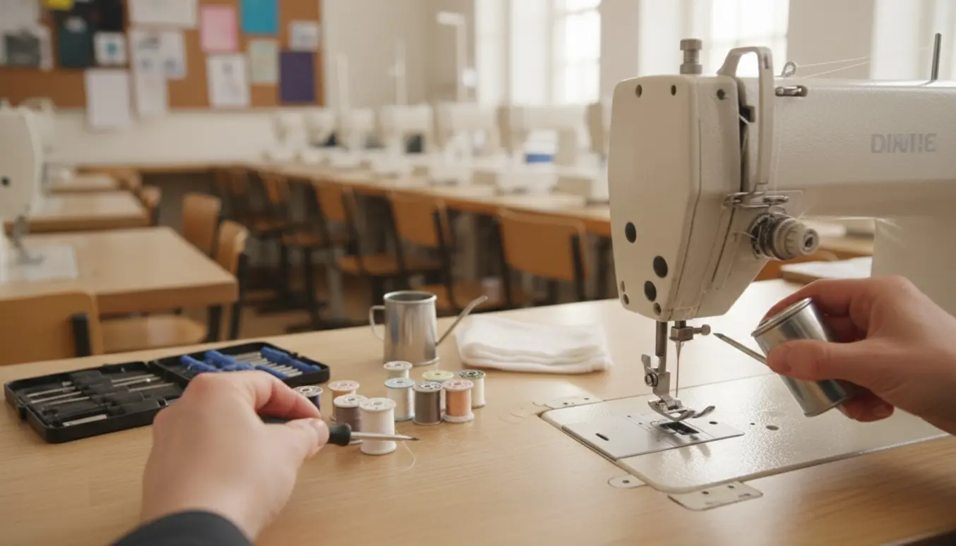 Hænder servicerer en symaskine i et skolerværksted med en række symaskiner i baggrunden.
