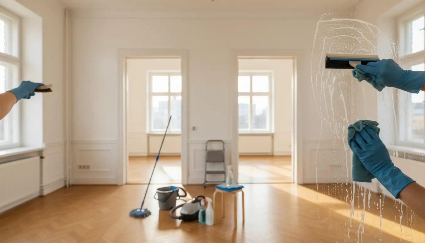 Tom fireværelses lejlighed under flytterengøring med rengøringsudstyr og en hånd, der pudser vinduet.