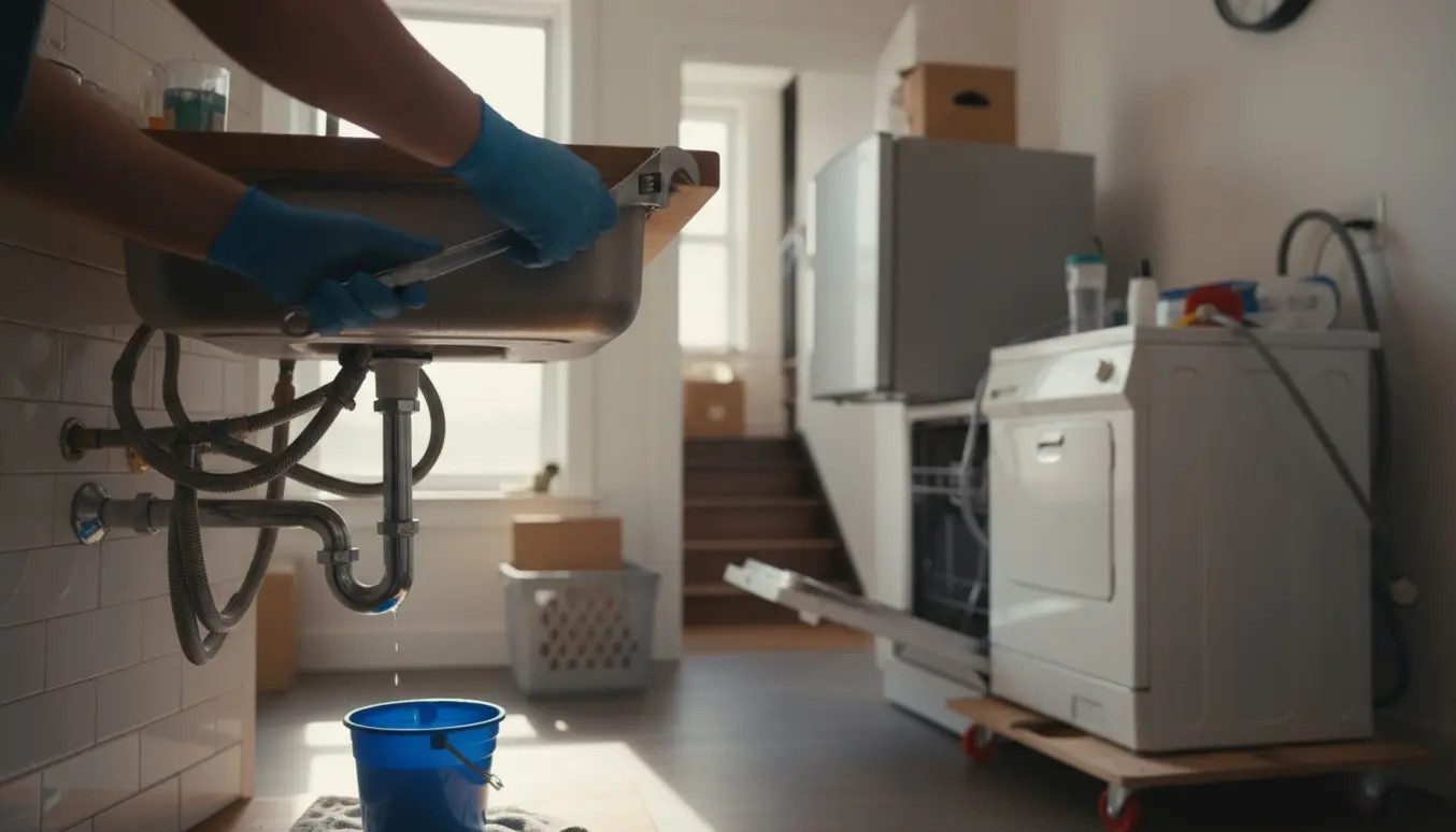 VVS-håndværker afkobler køkkenvand ved vasken, med opvaskemaskine og vaskemaskine klar til bortkørsel i et lyst lejlighedskøkken.