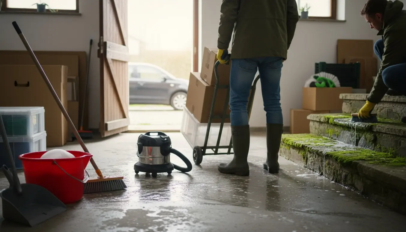 Kælderoprydning med moppe, spand, flyttekasser på sækkevogn og mos, der skrubbes af trappen.