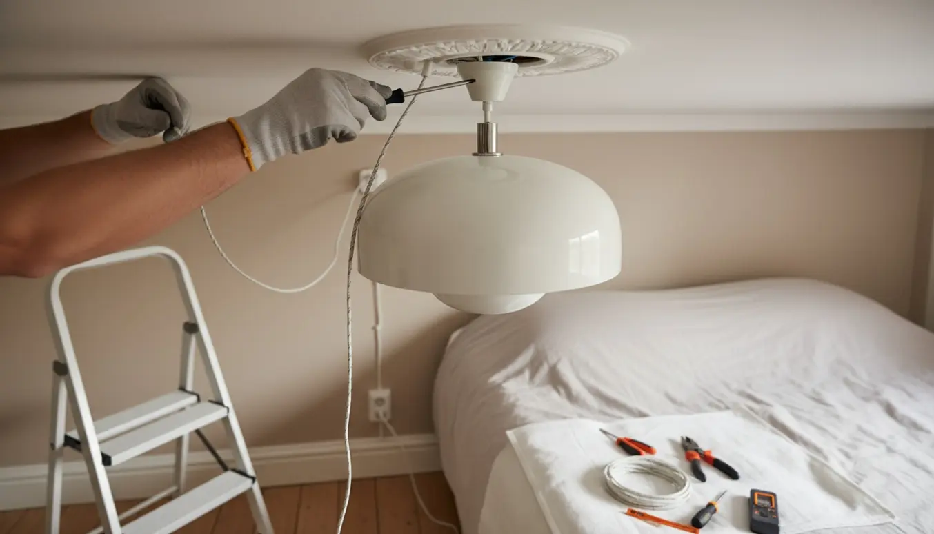 Montage af en hvid Flowerpot loftslampe i et soveværelse, hvor en krog sættes i loftrosetten og ledning trækkes fra væggen.